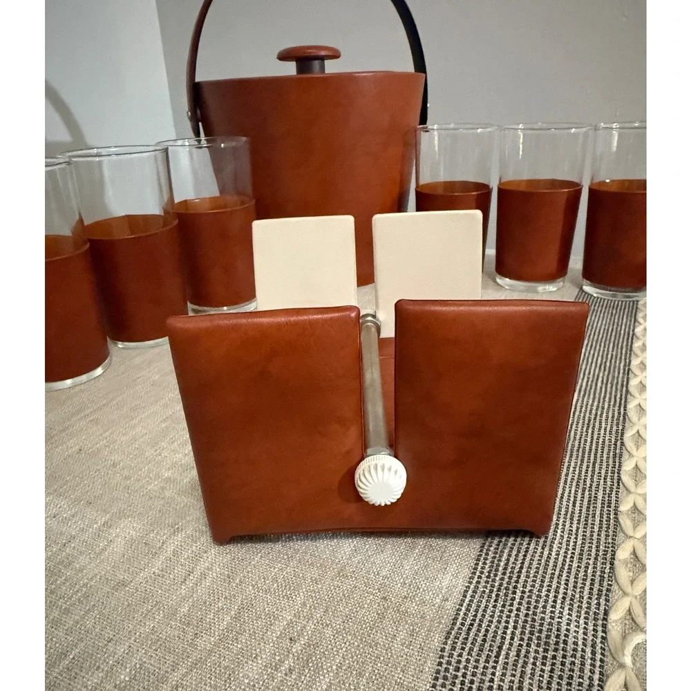 Vintage Mid Century Ice Bucket Barware Set 8 Glasses Coasters Napkin Holder